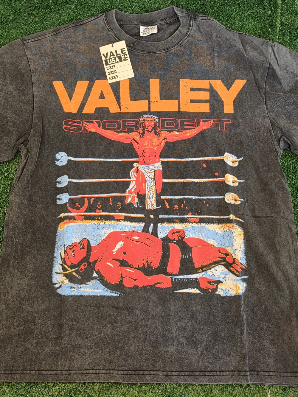VALE USA / Valley Dreams Acid Wash Wrestling Graphic Tee - Size XL
